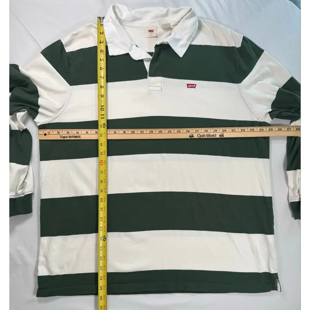 Levi’s Rugby Shirt Men’s XL Green White Stripe Relaxed Fit Long Sleeve Polo